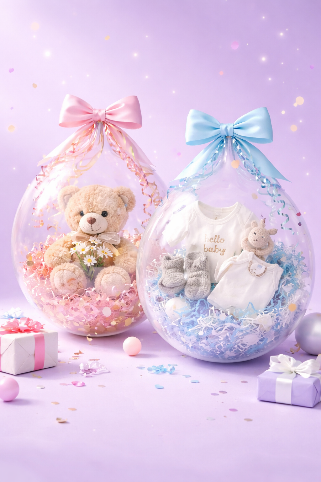 Baby gift displays with teddy bear and clothing in decorated transparent balloons with pink and blue ribbons, surrounded by pastel-colored gifts and confetti on a lavender background.