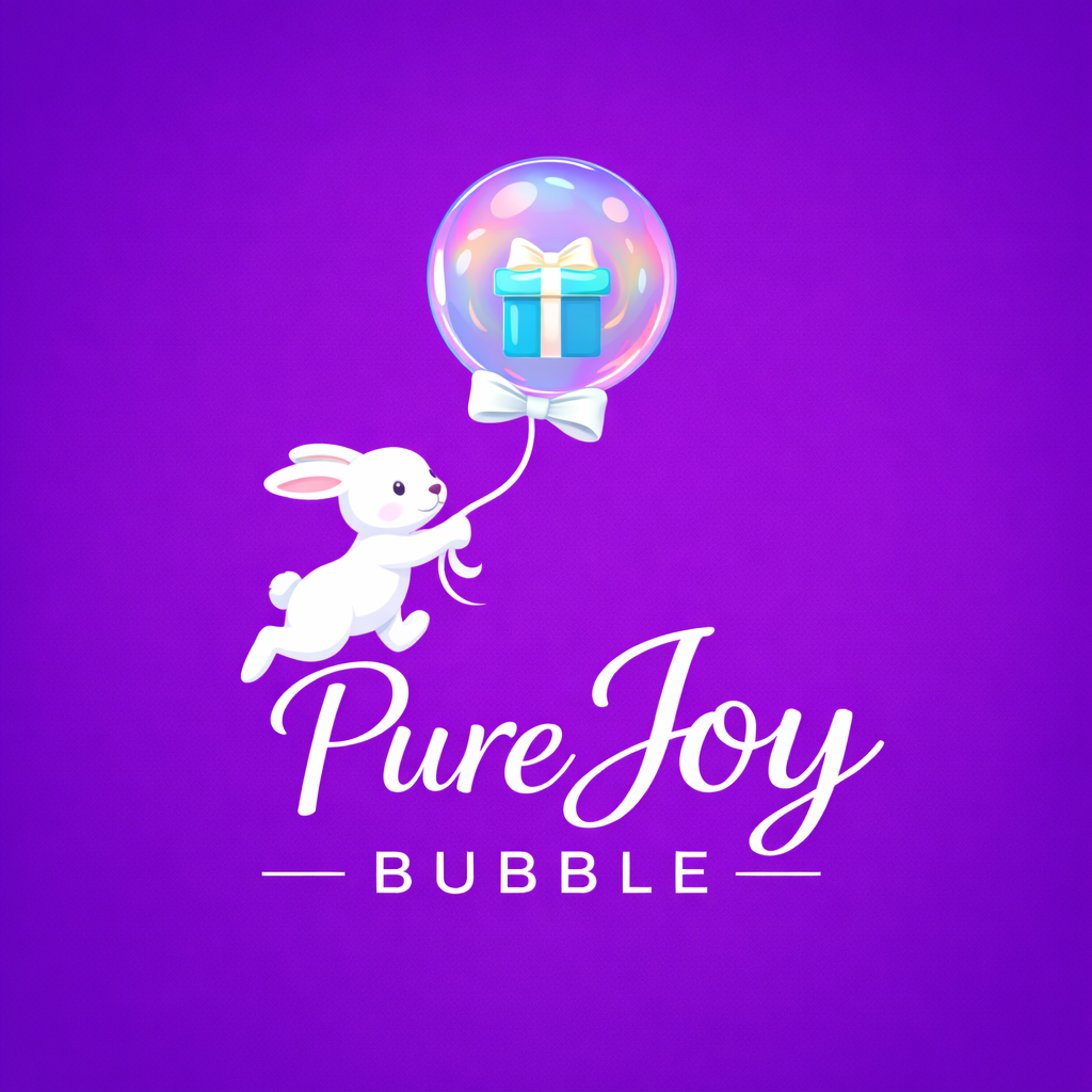 A white cartoon rabbit holding a string attached to a clear, iridescent bubble containing a blue gift box with a white ribbon and bow. The background is purple, and the text 'Pure Joy BUBBLE' is written below the rabbit.