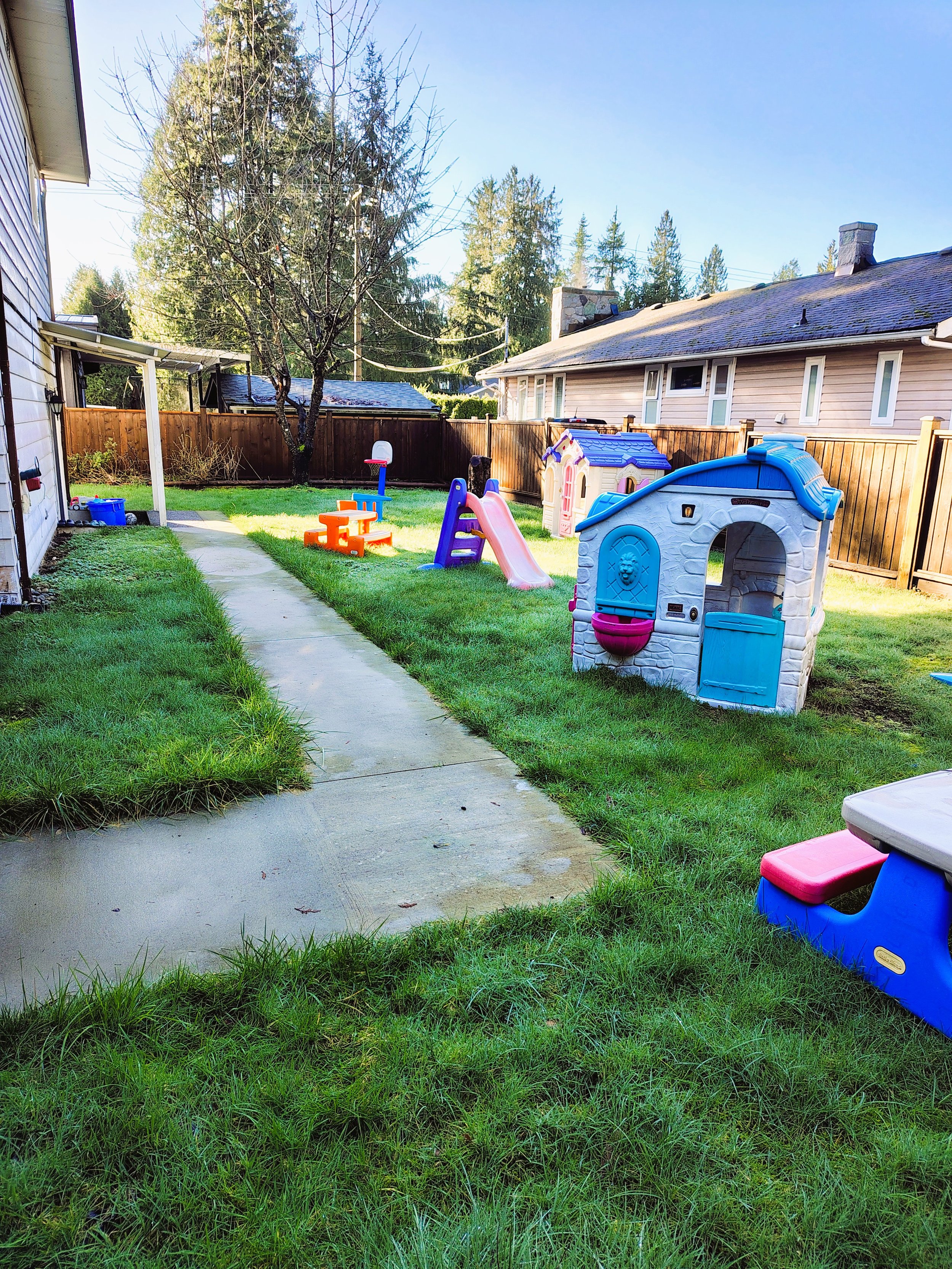 A backyard with a concrete pathway, green grass, a small playhouse, slide, picnic table, basketball hoop, and a shed under a clear blue sky.