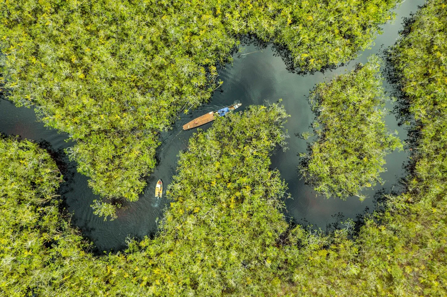 Aerial view of a winding river with dense green trees on both sides and two boats floating on the water.