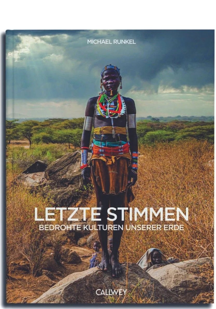 Book cover titled "Letze Stimmen" by Michael Runkel published by Callwey, featuring disappearing tribes such as the Larim tribe in South Sudan, Africa.