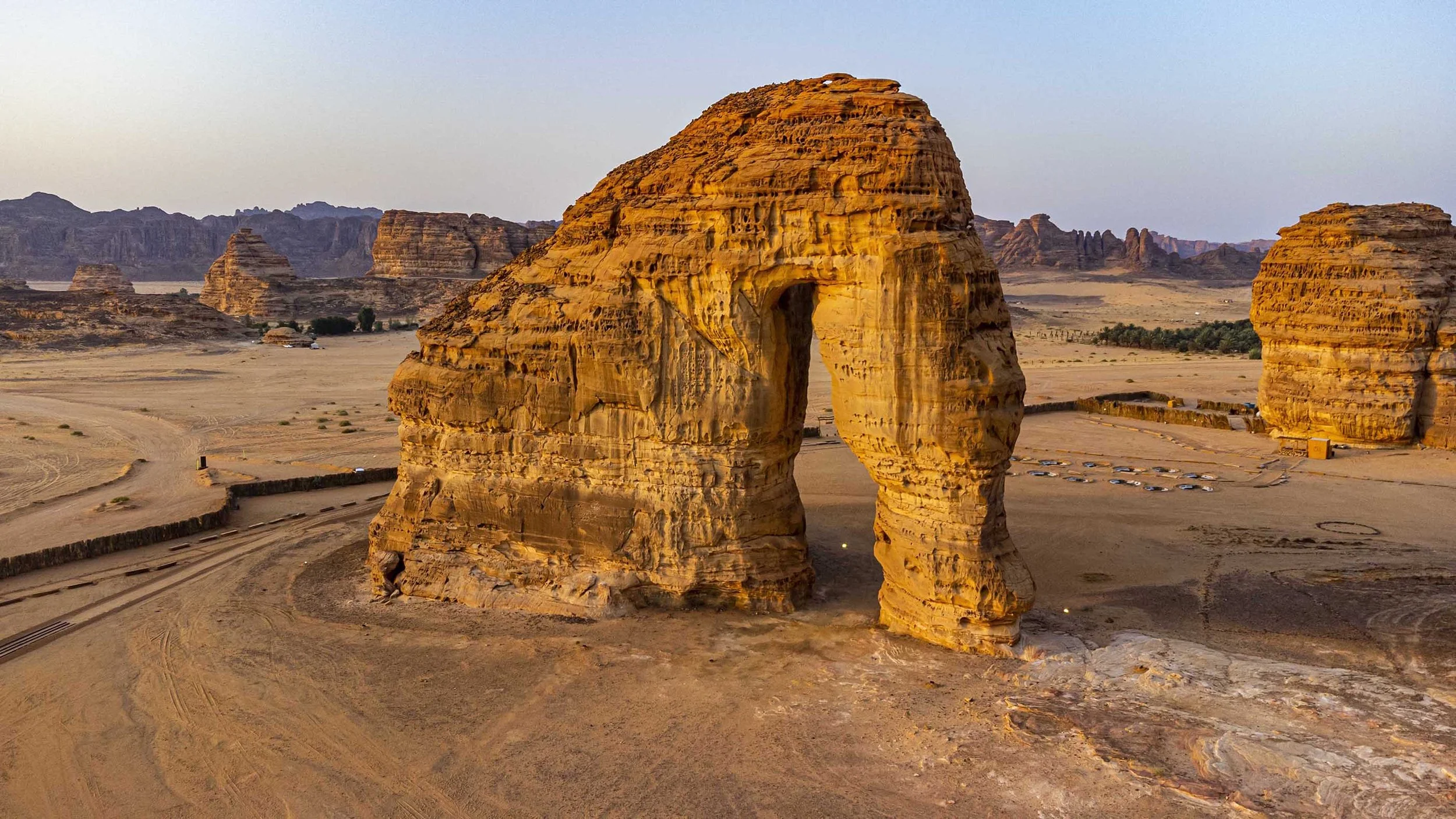 Aerial of the elephant rock, Al Ula, Kingdom of Saudi Arabia, Middle East,  an ancient Arabian oasis city in the Medina Province.