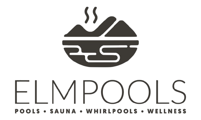 Logo eines Pool-Unternehmens namens ELMPOOLS mit einem stilisierten Pool-Icon und Text darunter.