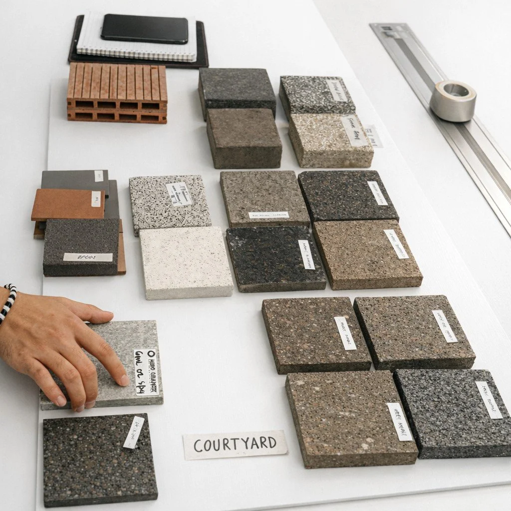Various samples of paver stones and bricks arranged on a white table, with a person's hand pointing to one of the samples and a sign labeled 'Courtyard' in front of them.