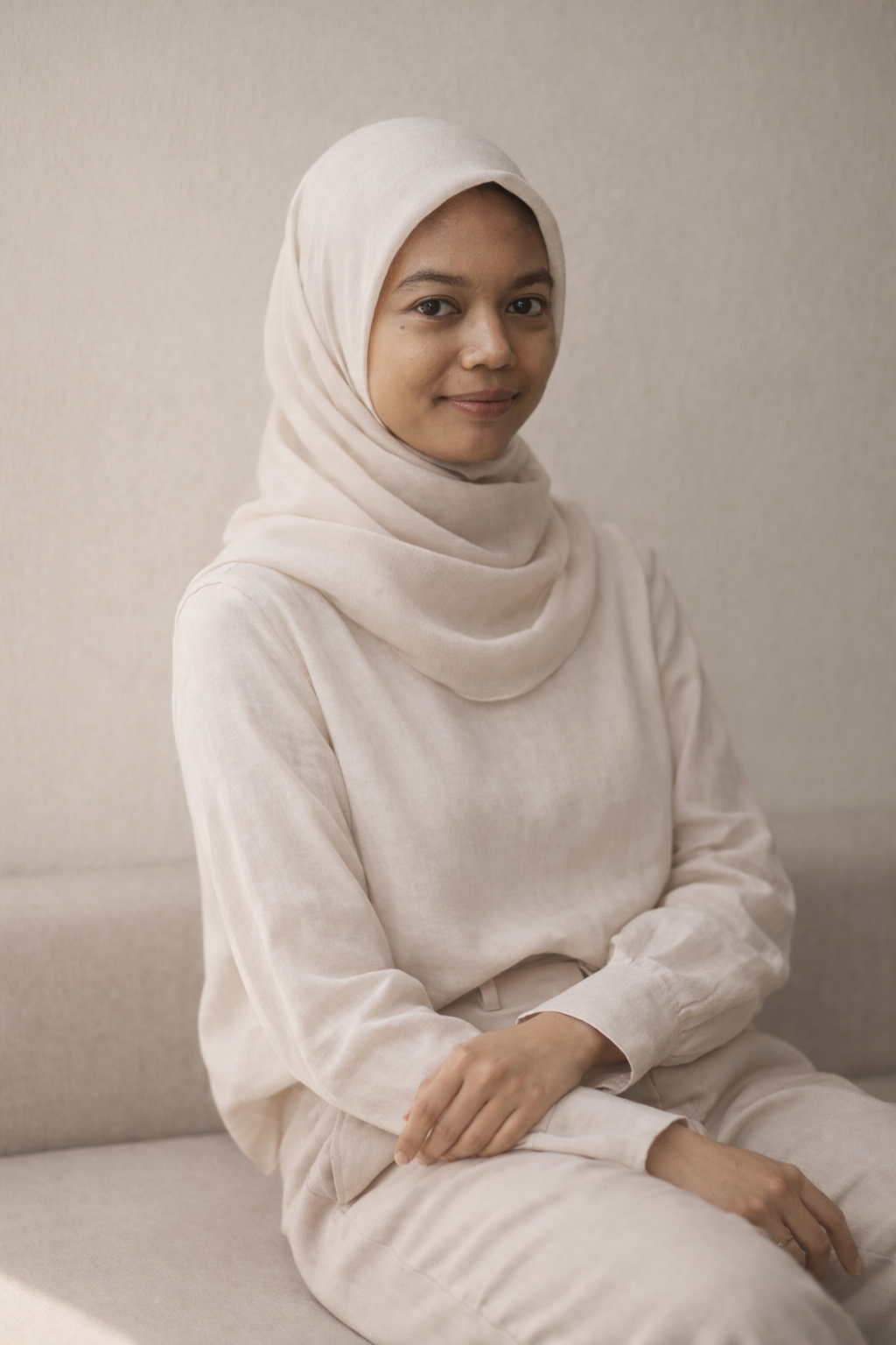 A young woman wearing a light-colored hijab and matching outfit sitting on a beige couch against a plain wall.