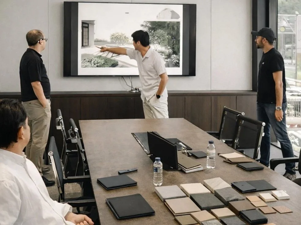 People in a business meeting room looking at a large framed photograph of a house and a garden, with interior design samples and water bottles on the table.