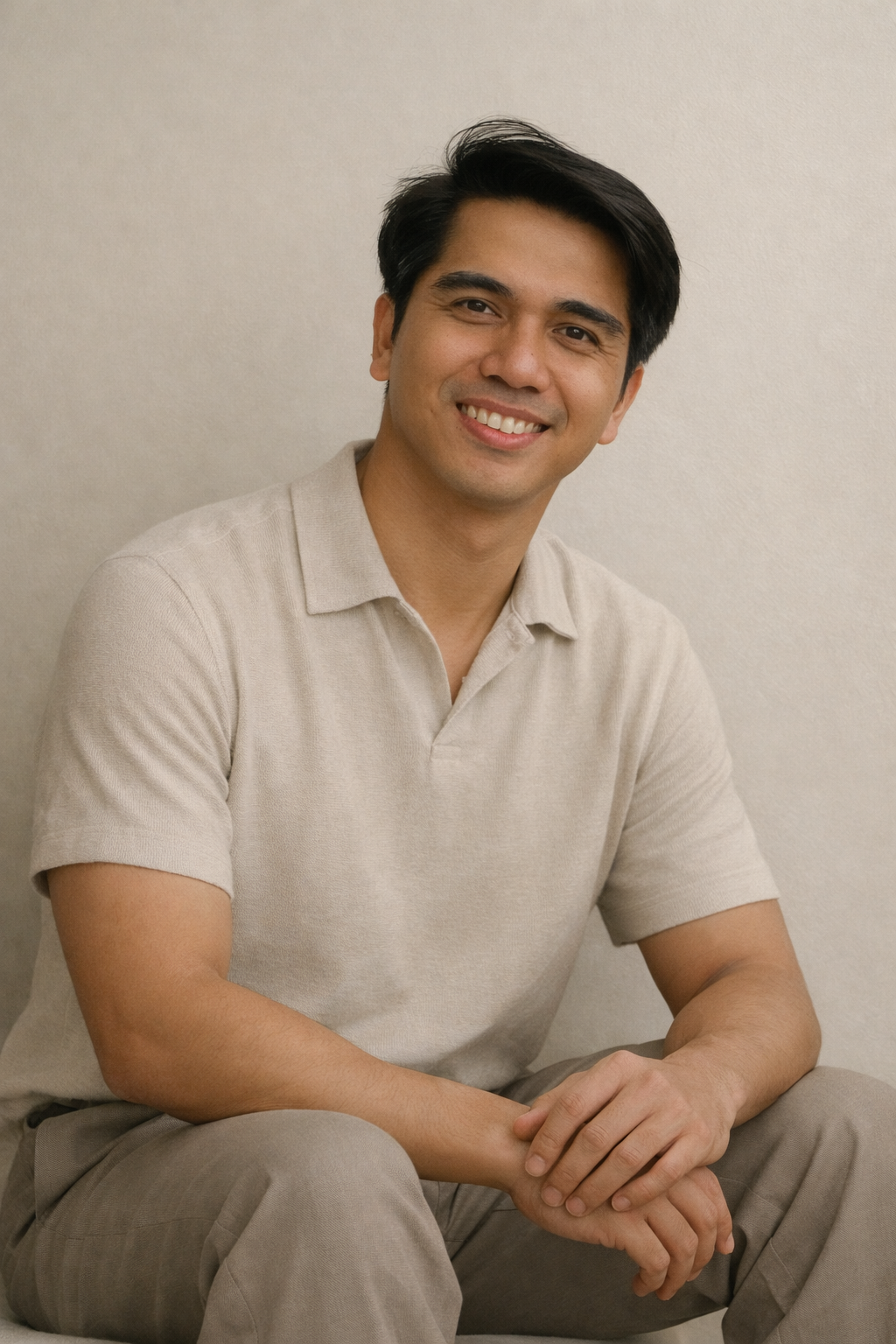 A young man with dark hair smiling and sitting against a plain light-colored wall, wearing a beige short-sleeved polo shirt and khaki pants.