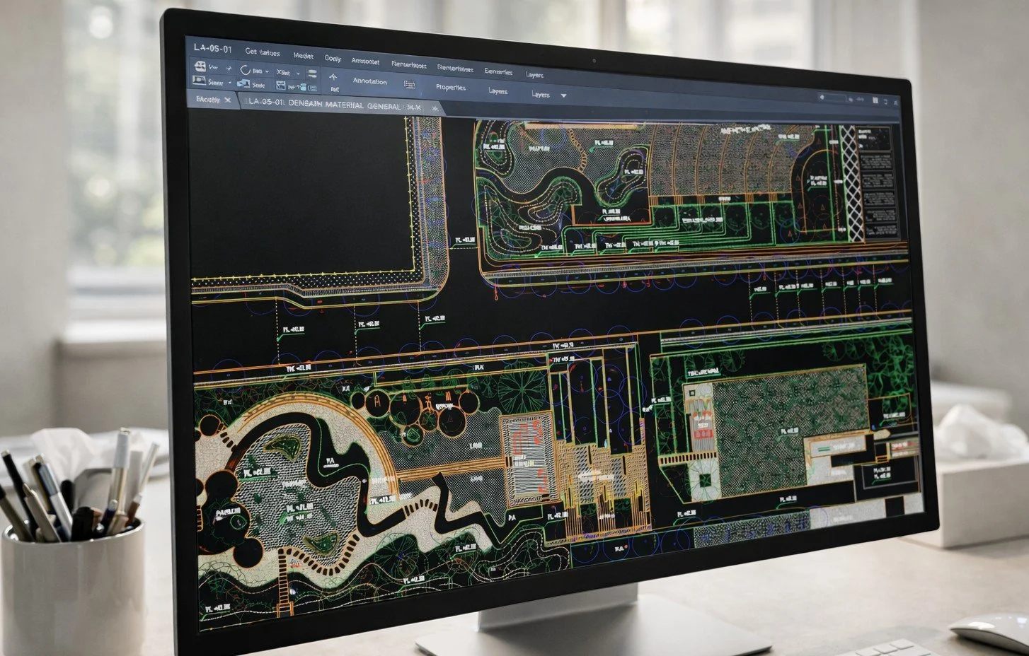 Computer monitor displaying a detailed architectural landscape plan with various color-coded sections, pathways, and green areas.