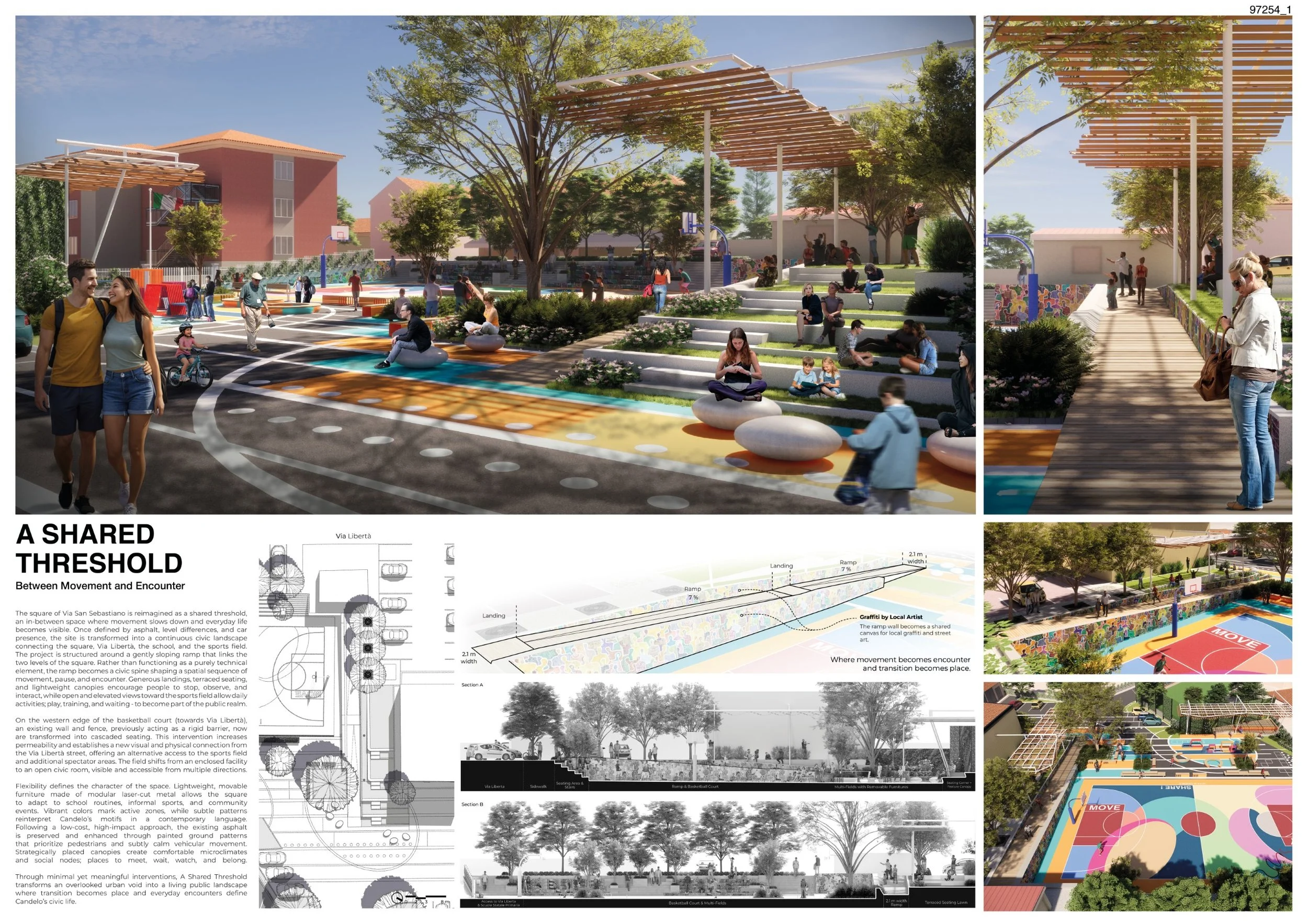 Architectural rendering of a community park with a basketball court, walking paths, seating areas, and landscaped zones with trees and greenery, showing people walking, sitting, and playing on a sunny day.
