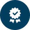 A badge icon with a check mark and ribbon, representing certification or approval.