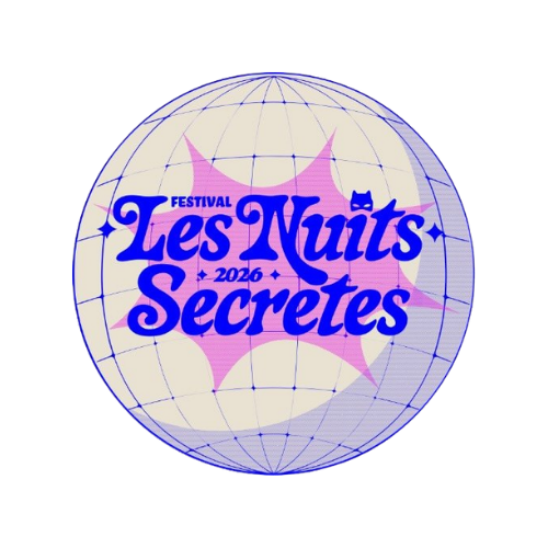 Logo du festival 'Les Nuits Secrètes' avec un globe terrestre stylisé en arrière-plan.
