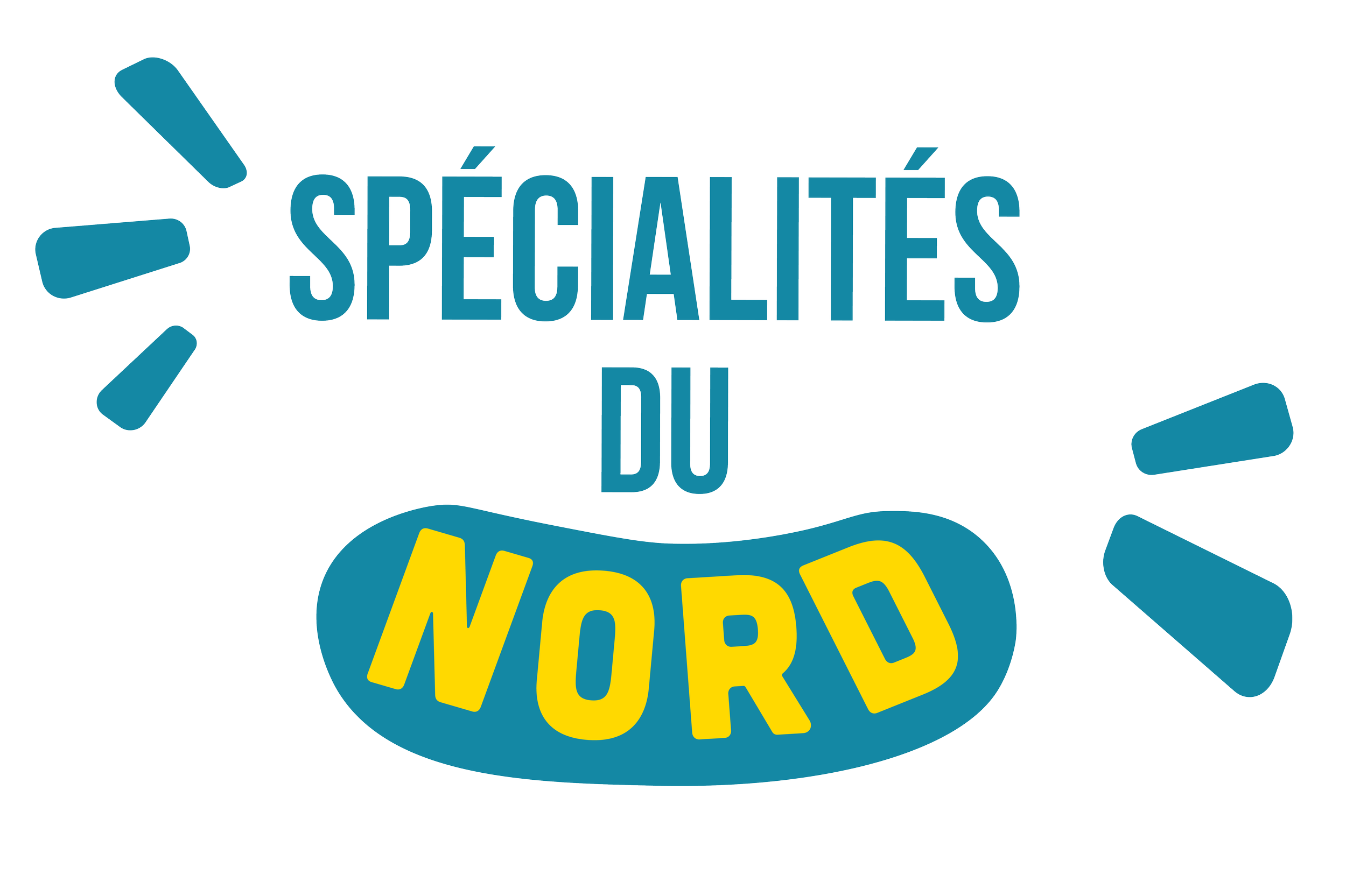 Texte "Spécialités du NORD" en gros caractères bleus et jaunes, entouré de motifs en forme d'éclats ou de rayons bleus et jaunes.