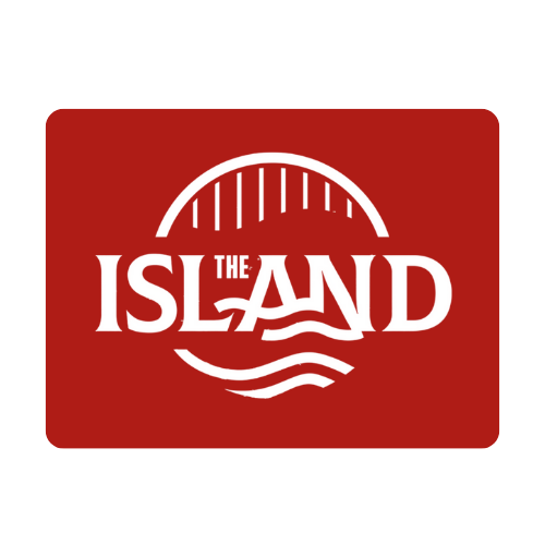 Logo rouge avec un cercle blanc et des vagues, avec le texte "The Island" en blanc.