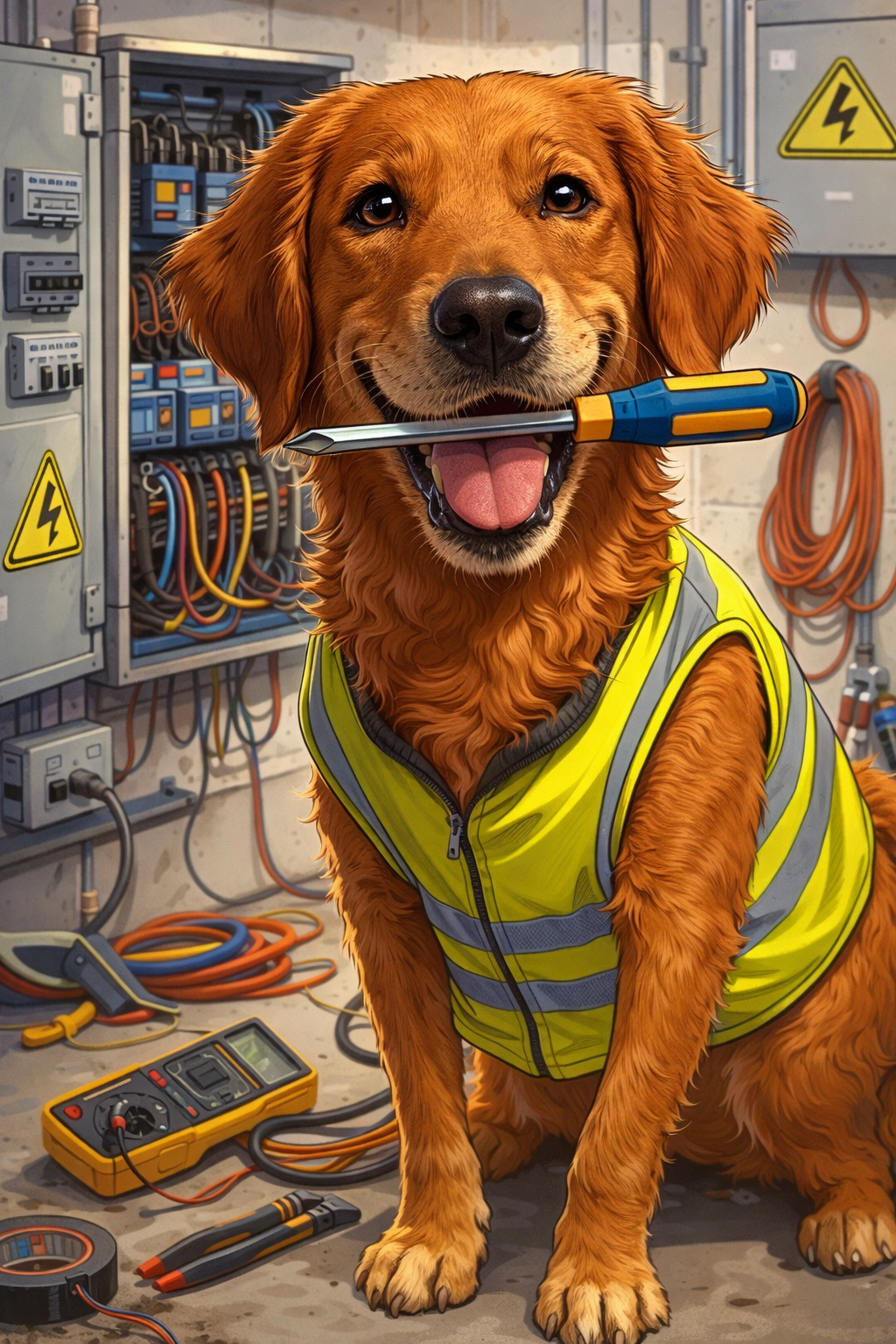 A cheerful golden retriever wearing a yellow safety vest with a screwdriver in its mouth, sitting in an industrial electrical room with tools and electrical panels around.