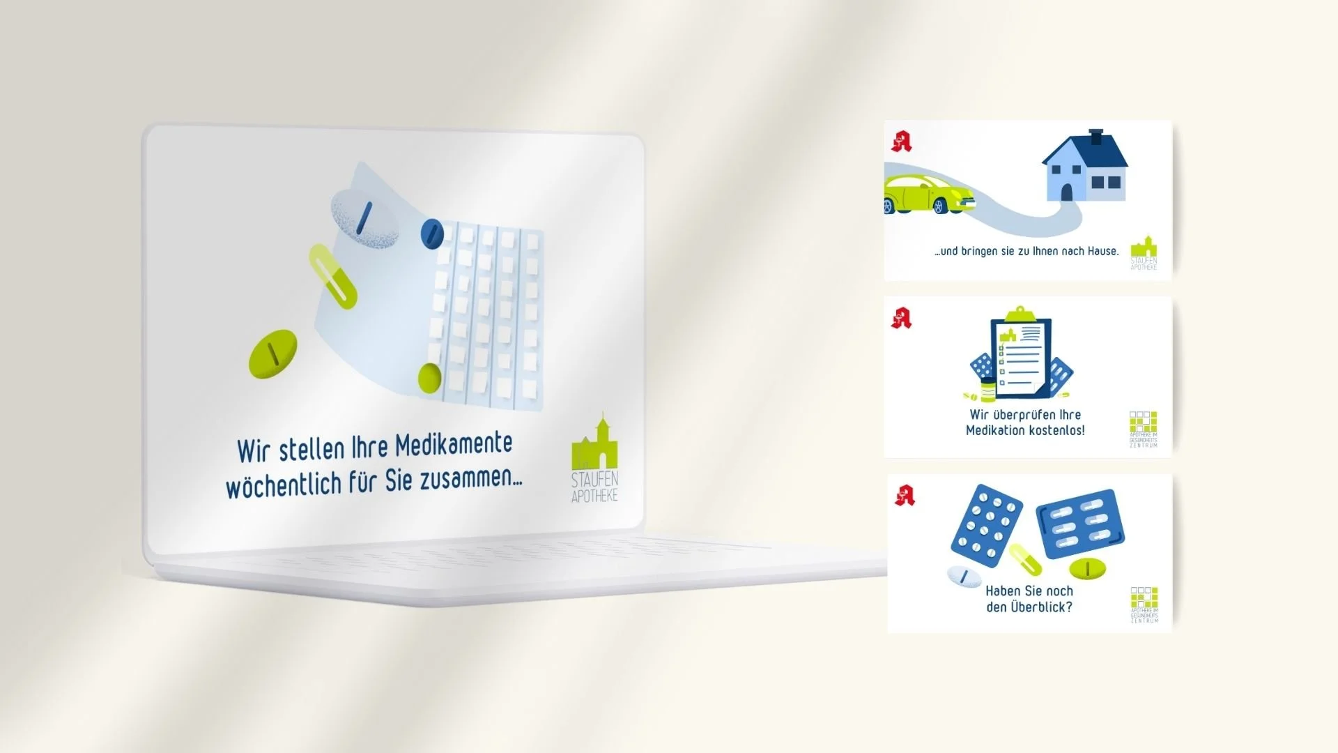 Grafik zeigt Medikamente, die in einer Apotheke zusammengestellt werden, mit dem Text "Wir stellen Ihre Medikamente wöchentlich für Sie zusammen" und drei kleine Bilder mit Texten zu Hauslieferung, Medikation überprüfen und Überblick behalten.