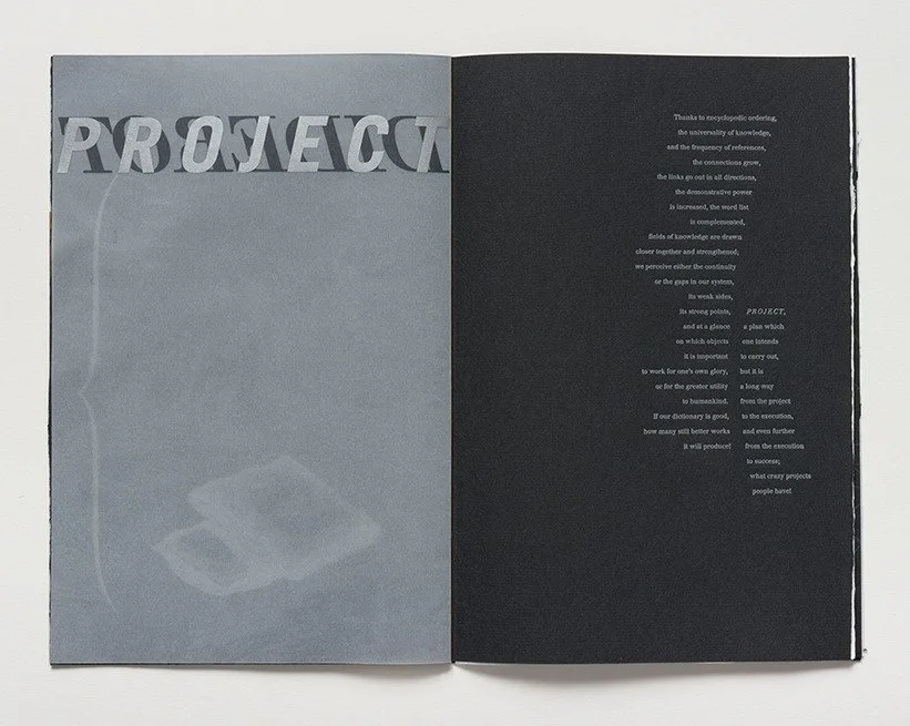  Part of the title sequence. The silver “Project” is printed on this side of the sheet to align perfectly with “Diderot” on the verso. Composition of this page considers the composition on the previous two pages showing through the paper to make a co