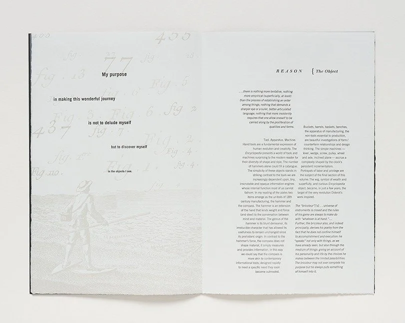  This page spread introduces the section on The Senses. The left hand page is a composite of two different typographic constructions of the word Encyclopedia that appear regularly throughout the book to announce a change in content. The left page is 