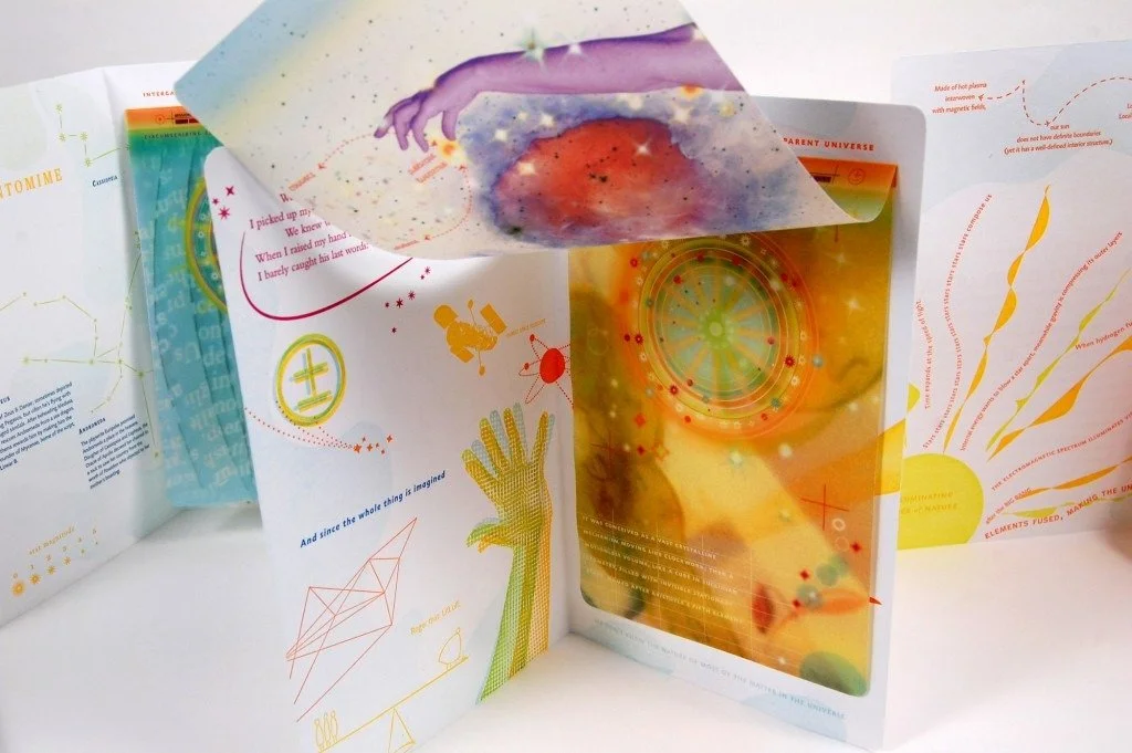  Three open folios: Time, Light and Science with transparencies lifted to show layering 