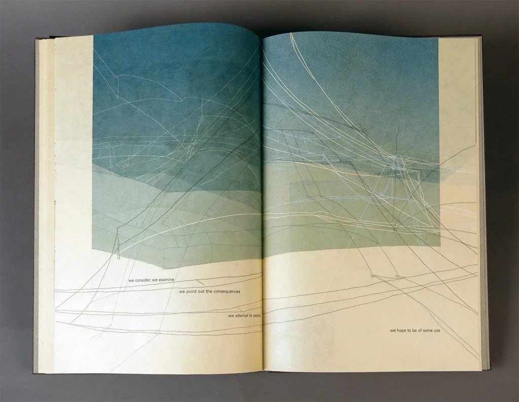  This spread is towards the end of Part Three. The solid blocks of color are keeping with the fore edge margins, but move off the top of the page completely. The printed lines no longer follow any rules and they move towards both the future and the p