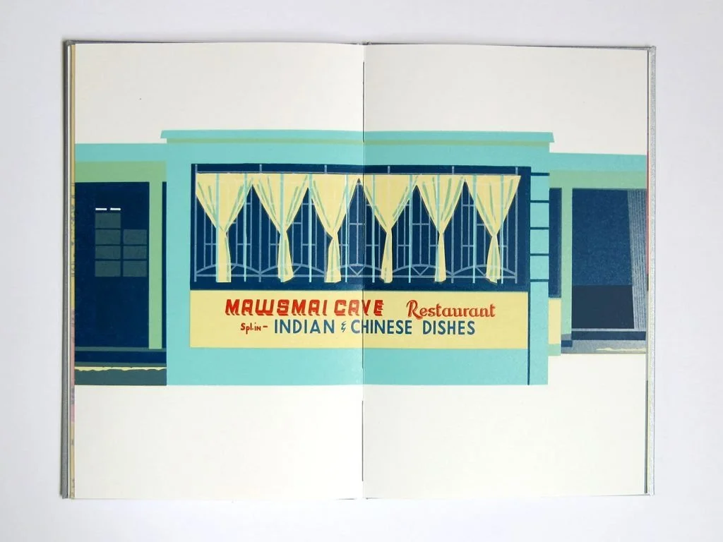  The Restaurant at Mawsmai Cave. Five colours, linocut &amp; polymer plate. 