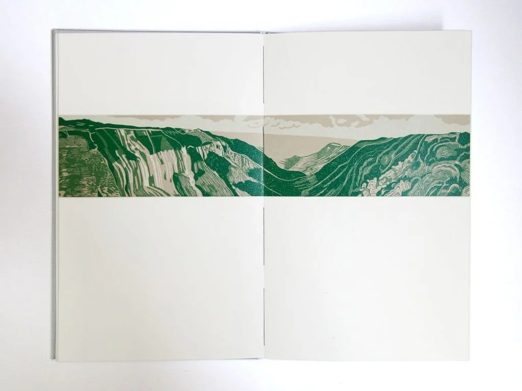  Double page spread. Panorama of Nohkalikai Falls, Cherrapungi. Four colour linocut. 