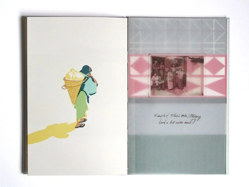  Left hand page: Khasi woman carrying a khoa, Nangsawlia. Four colour lino cut. Right hand page: &nbsp;Photo of J McCauley, comrades &amp; ‘a couple of Khasi girls’, Shillong 1944. Printed inkjet onto tracing paper. Over-laying, House on the Shillong