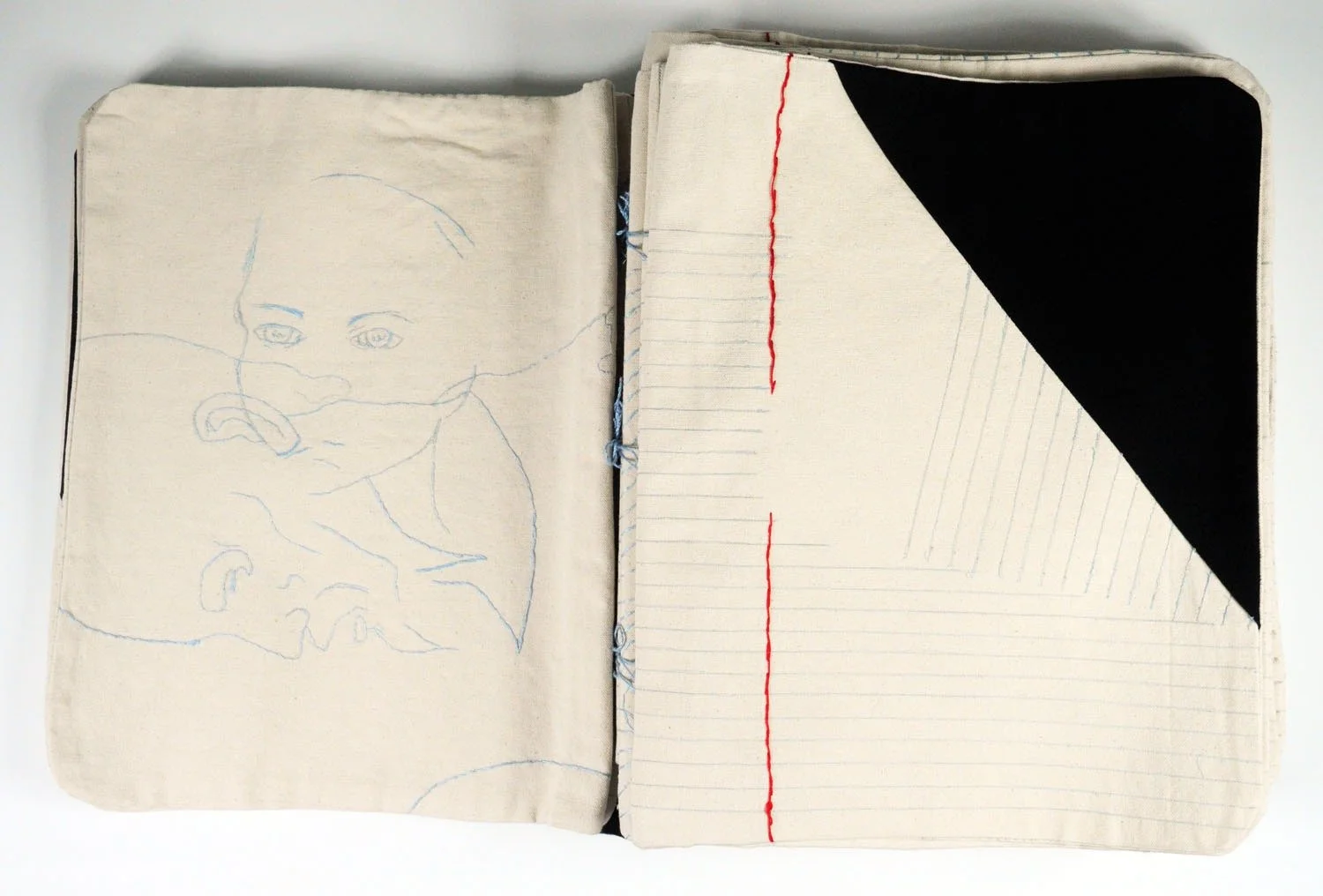  The simulated notebook is entirely stitched by hand. The “strings” used to make it afford the pun of the title. 