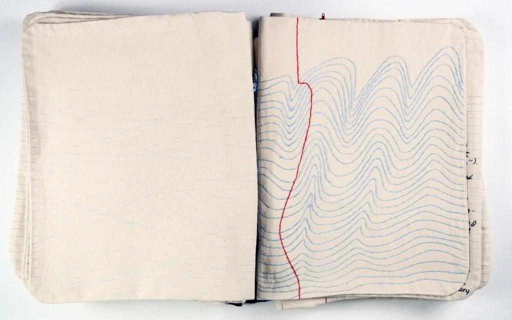  The narrative is contained on one side of the page spread, and the back of each page spread consists of a “drawing” utilizing the parallel blue lines of notebook paper. 