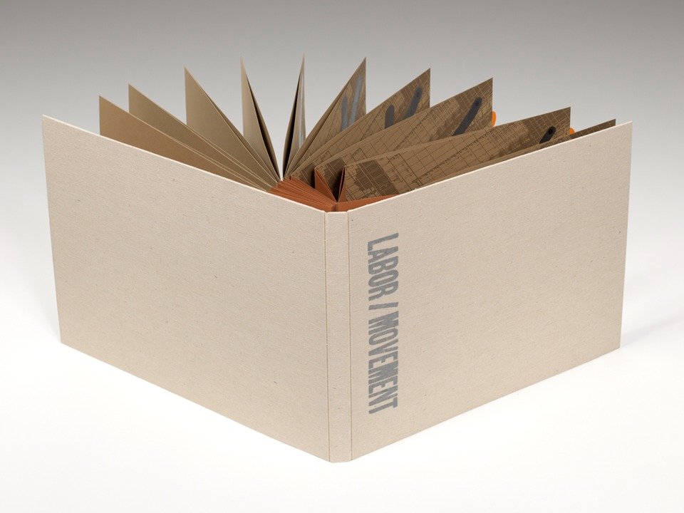  Book, cover. Pages sewn onto the fold of a concertina which allows for the book to open like a traditional codex or be performed by the viewer/reader in many different ways. 