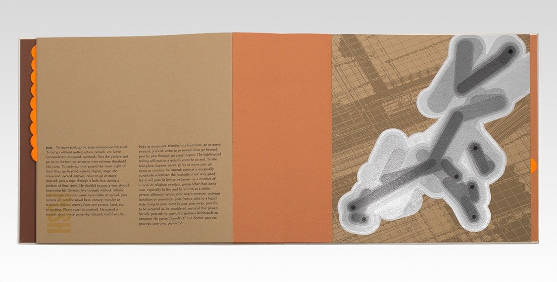  Final page spread showing culmination of all workers’ movements overlapping, printed in shades of silver ink. Definition of action verb from text, “pass…To let go without notice, action, remark, etc. leave unconsidered, disregard, overlook.” Overpri