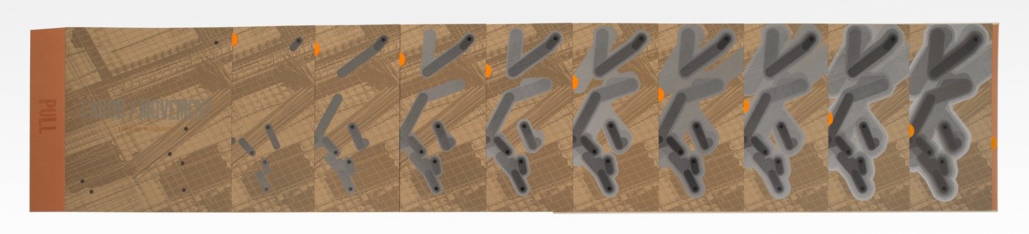  Concertina fully extended showing a portion of the recto of all pages. Each worker is represented by a black dot in the first image, and each successive page depicts a movement pattern forming from the intersection of the workers’ paths, shown by li