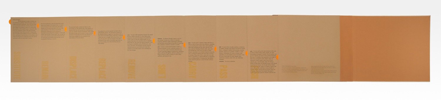  Concertina fully extended showing a portion of the verso of all pages with text and action verbs in large wood type. The text visually tracks down the page to echo the movement represented in the book. 