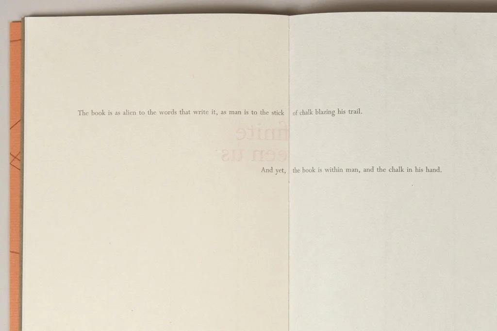  The letterpress printed title page is flanked by this quote by Edmond Jabes – it is preceded by the quote in French and followed by the quote in English. 