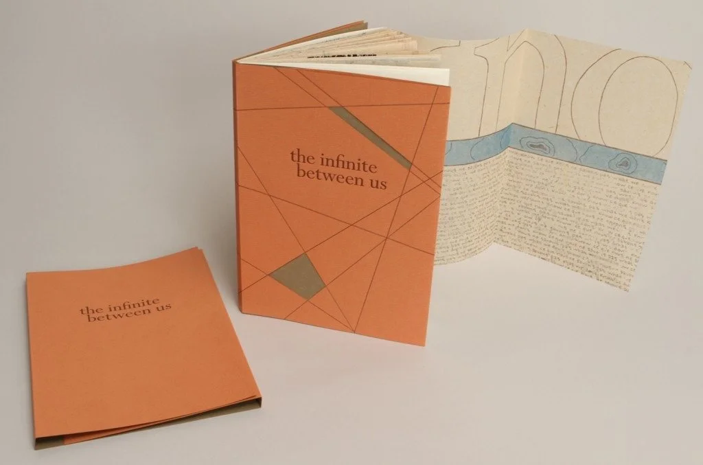  This image shows the book standing with its letterpress printed 2-ply laminated Bugra tri-fold protective cover. The actual cover of the book is single ply Bugra that is letterpress printed with hand-cut outs. One of the many foldouts from this book