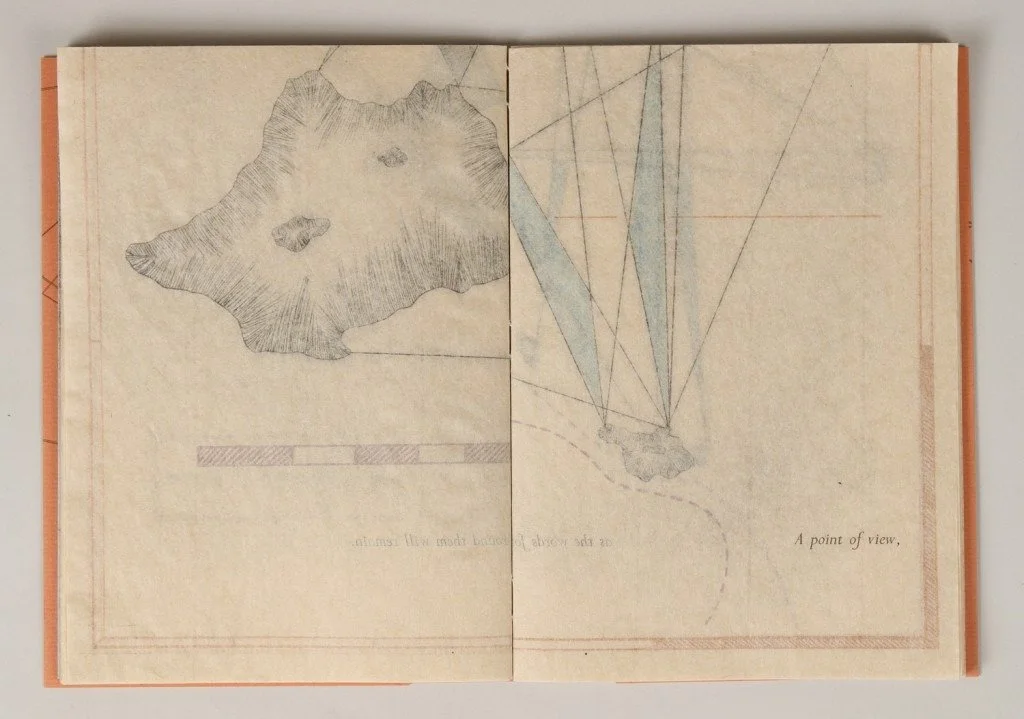  This image shows the transparent quality of the Akatosashi paper that the bulk of the book was printed on using a variety of techniques including letterpress printing from both hand-set metal type and photopolymer plates made by the artist using a v