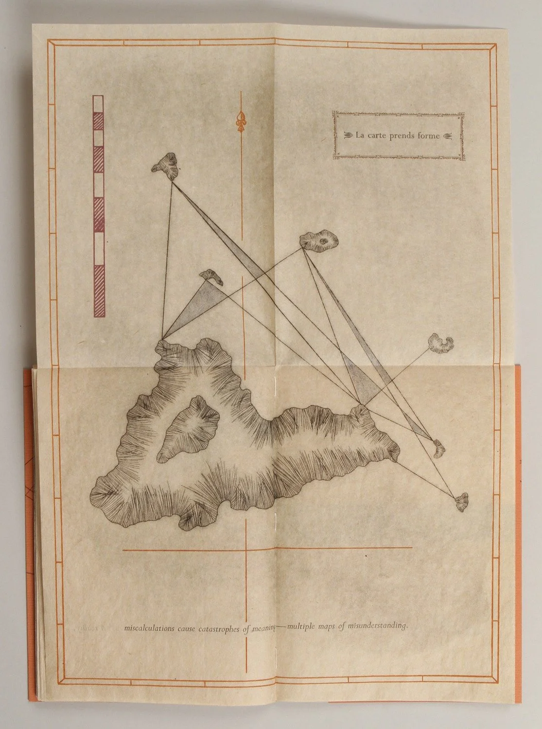  This is one of four map images that unfolds from the book. They are made using drypoint etching techniques, silkscreen, pochoir, and letterpress printing. 