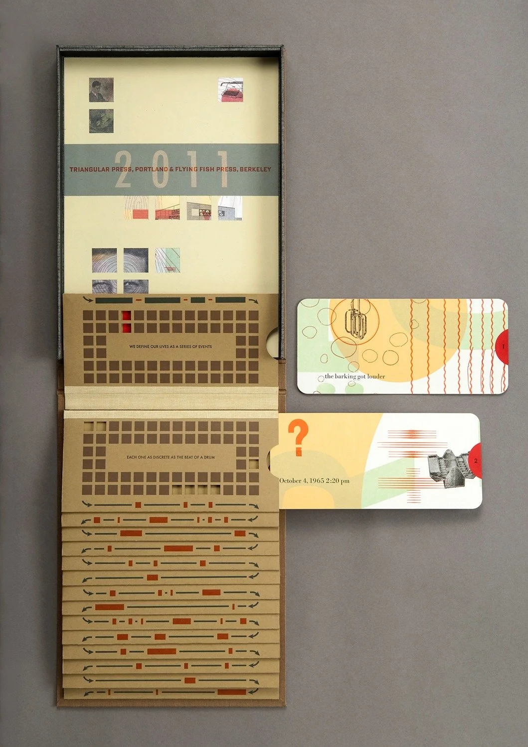  View showing how card inserts are pulled out from each envelope. The imagery and text on these cards was created by Barbara Tetenbaum to illustrate the ‘noise’ that makes up 90% of our personal history. The dates loosely follow Tetenbaum’s own biogr