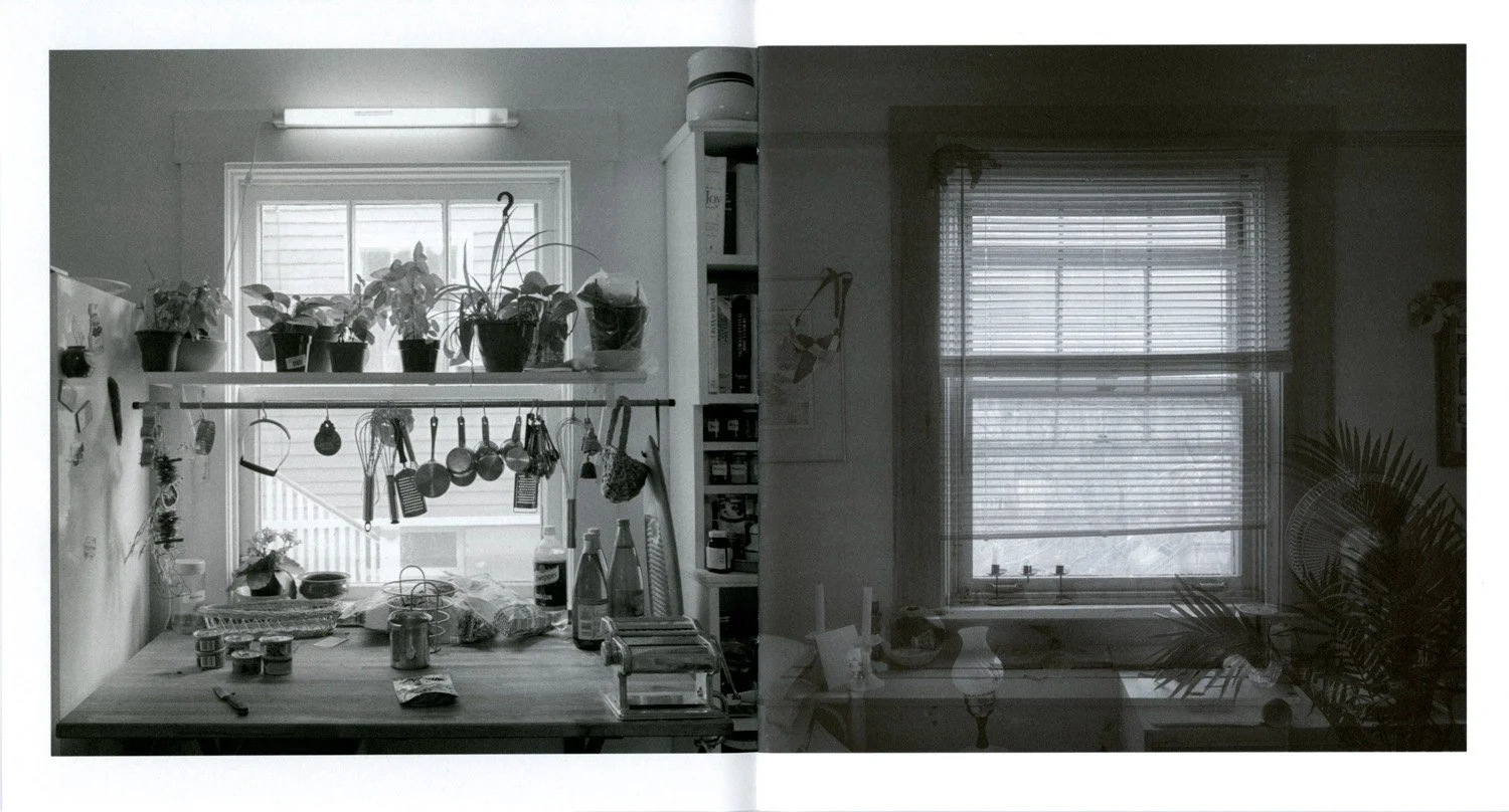  View of pages 2 and 3, digital inkjet printing on digital aya. Verso image is a single window and the recto image is constructed of eleven different window images layered and multiplied together. 