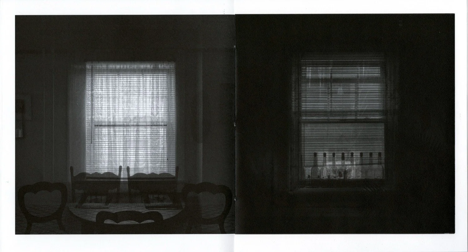  View of pages 18 and 19, digital inkjet printing on digital aya. Verso image is a single window and the recto image is constructed of two images layered and multiplied together. 