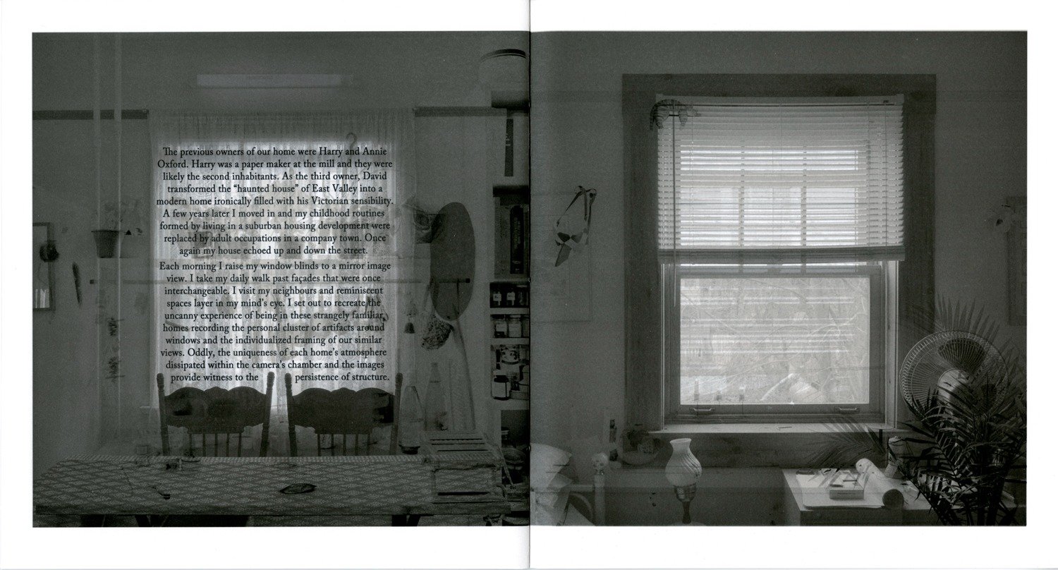  View of pages 8 and 9, digital inkjet printing on digital aya. Verso image is a single window and the recto image is constructed of five different transparent window images layered together. 