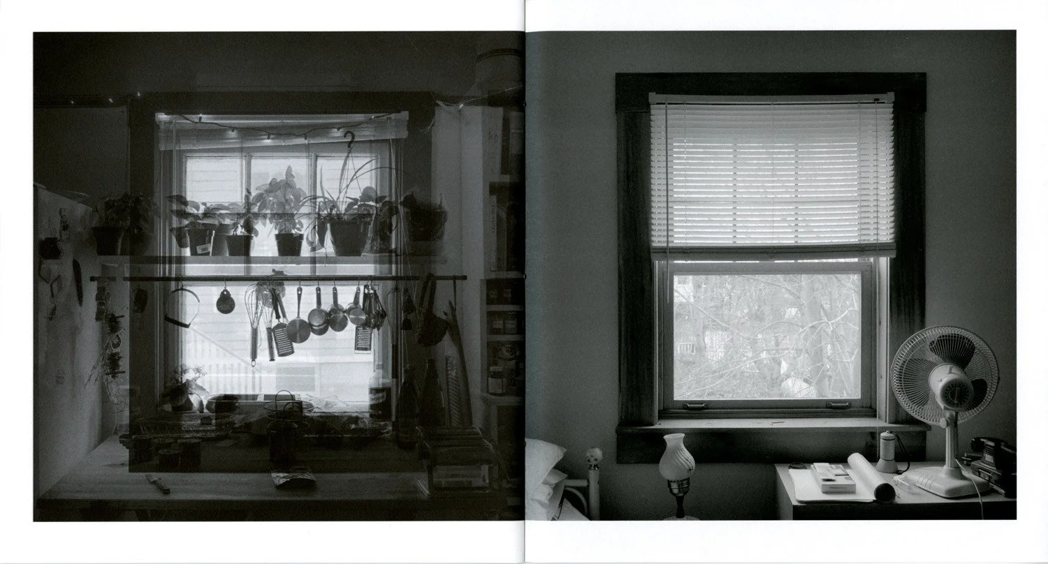  View of pages 12 and 13, digital inkjet printing on digital aya. Verso image is a single window and the recto image is constructed of seven transparent window images layered together. 