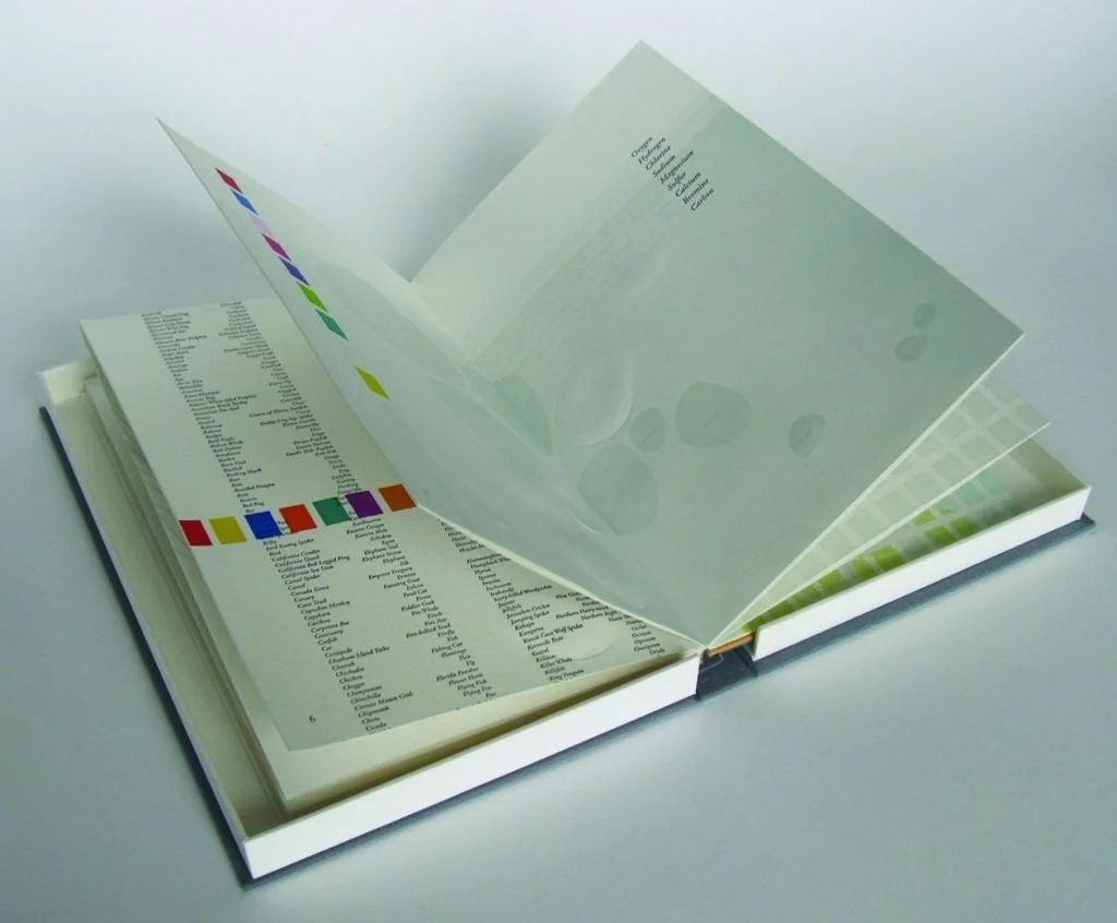  View of the book sitting in its box open to a spread showing the elements in the human body also found in seawater. This spread is identified in the table of contents as a diagram entitled “You are where you came from.” 