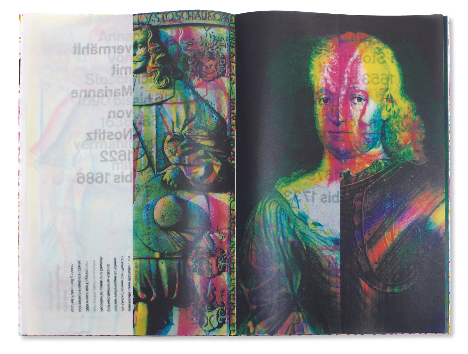  The image shows three ancestors of Ines’ mother. The individual portraits were divided in the centre and set together with their spouse to let the “better halves” form a “new person”. If a portrait is missing, the personal information ghosts through