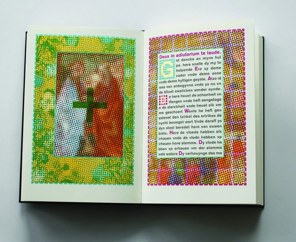  Shows an illuminated douple page of the Office of the Virgin Mary. Mary, pregnant with Jesus, visits her cousin Elizabeth (pregnant with John) and gets blessed by her. Green, the color of hope, plays a role in the image. 