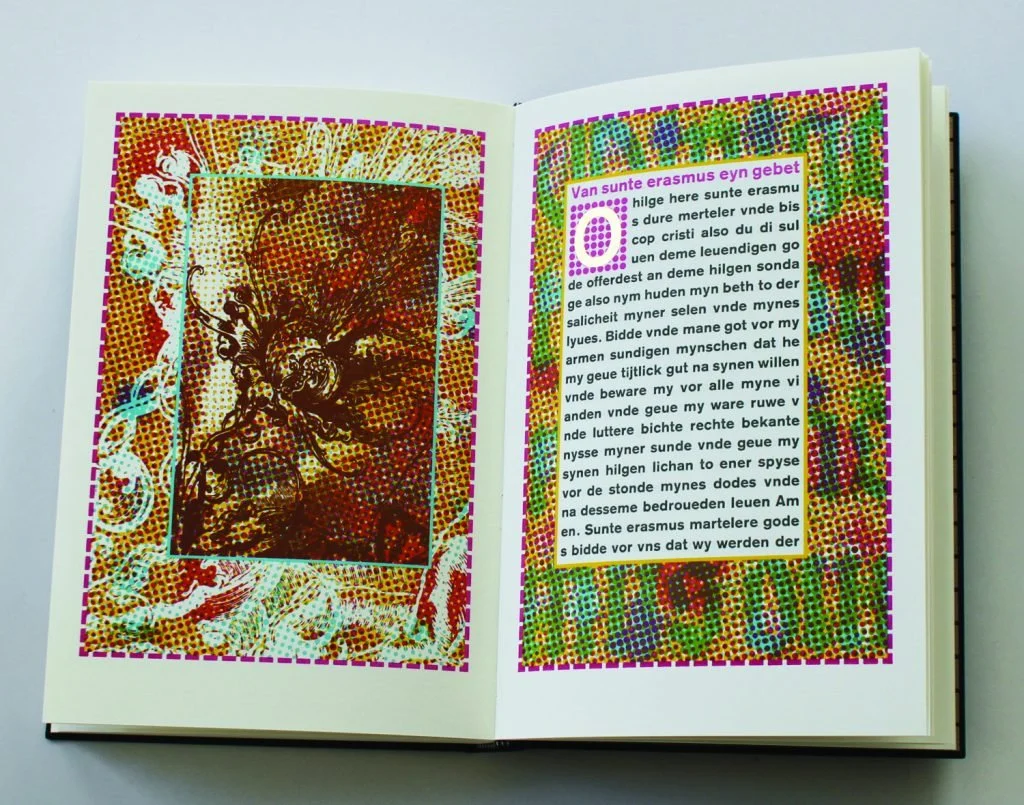  Shows the illuminated douple page of the Prayers to Saint Erasmus. Here as in all illuminated pages (except the calendar pages) the image of the original manuscript lays in the background. Since the old image is manipulated and covered with new mate