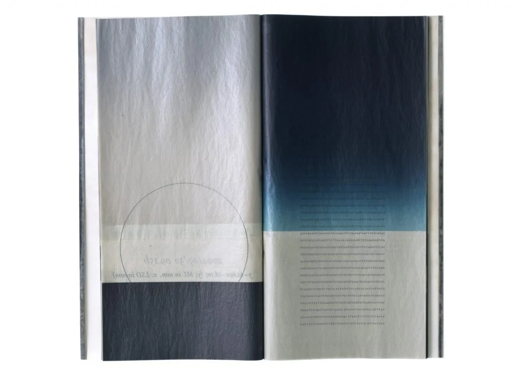  Double spread (p22/23) showing on the right side the DNA Code of the Giant squid which the marine biologist Kubodera Tsunemi could extract after catching one tentacle of the squid. On the left page the diameter of the squid’s eye is shown. 