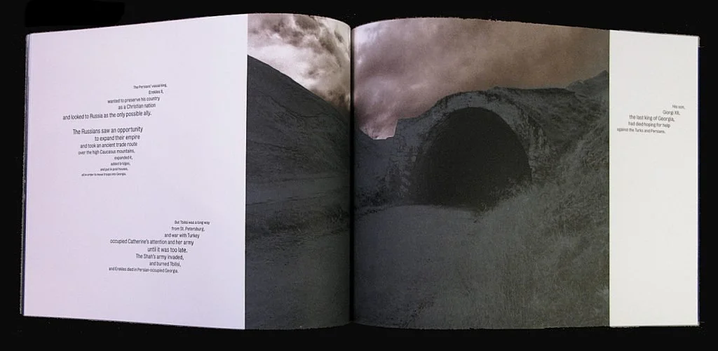  Pages 30-31 At this point in the book the narrative is very high up in the Caucasus Mountains, the color softens, and warms up the images. From this spread onward the images are printed in a variety of three and four color monochromatic treatments. 