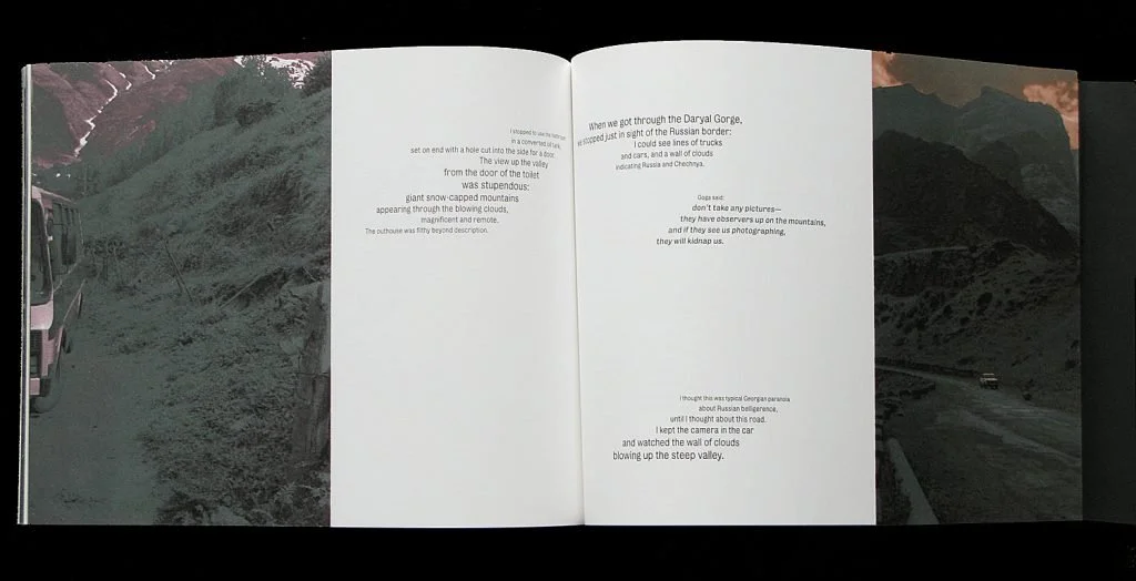  Pages 44-45, the snowcapped mountains represent the border between Russia and the Republic of Georgia and the narrator recounts the driver’s anxiety about being so near to the border. “don’t take any pictures/ they have observers up on the mountains