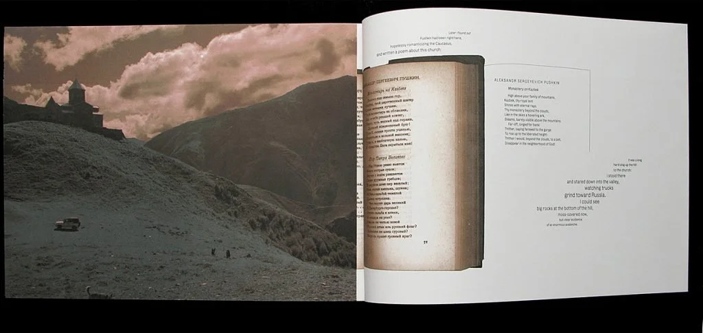  The final spread of the book: the church mentioned in Pushkin’s poem “Monastery on Kazbegi” is pictured with the car from the main narrative, bringing together several themes of this book: the Russian obsession with Georgia, their romanticized ideas