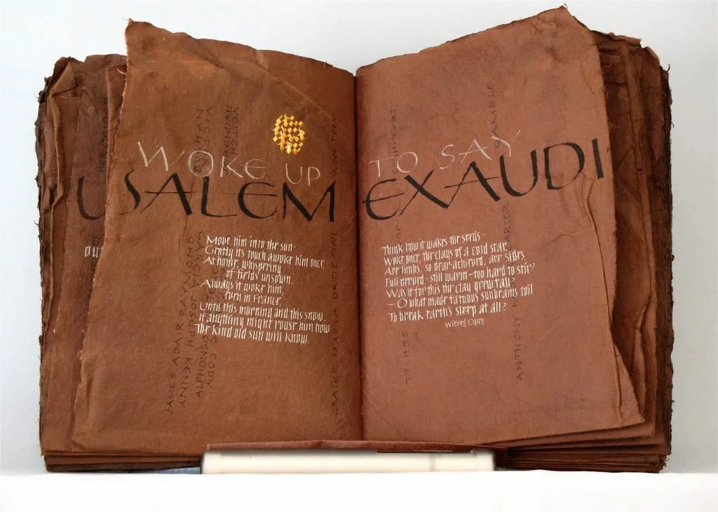  Inside page with names, Requiem mass, Wilfred Owen poem. 